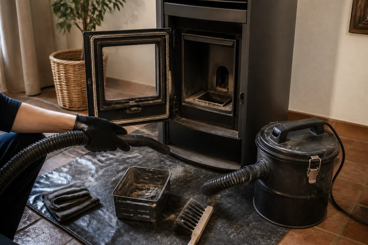 Poêle à granulés ouvert dans un séjour, creuset et échangeur en cours de nettoyage, outils d&rsquo;entretien posés au sol