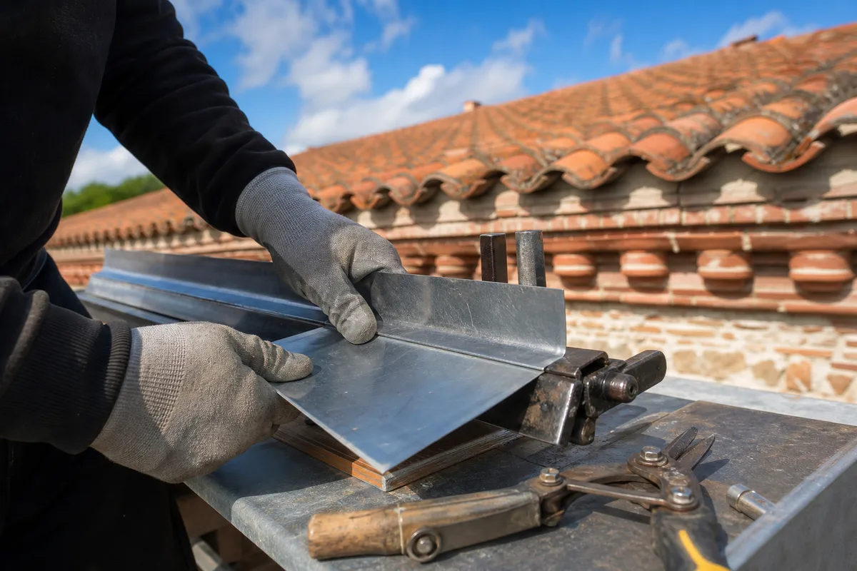 Zingueur façonnant une feuille de zinc sur une toiture toulousaine en tuile canal