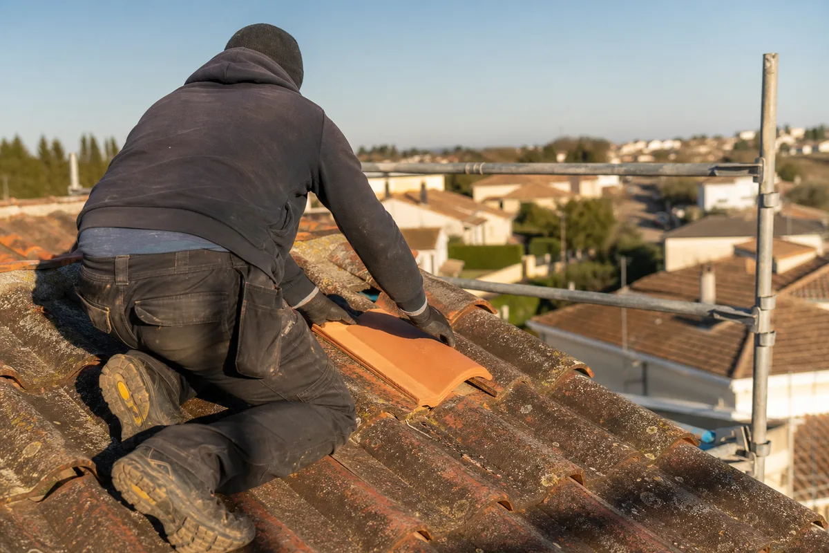 Artisan couvreur remplaçant des tuiles sur un chantier de lotissement du sud-ouest toulousain