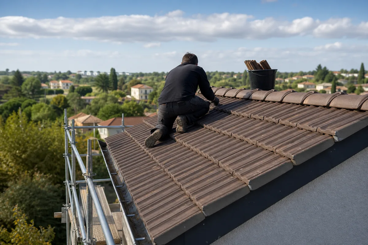 Artisan couvreur de dos remaniant des tuiles mécaniques sur un pavillon du sud toulousain