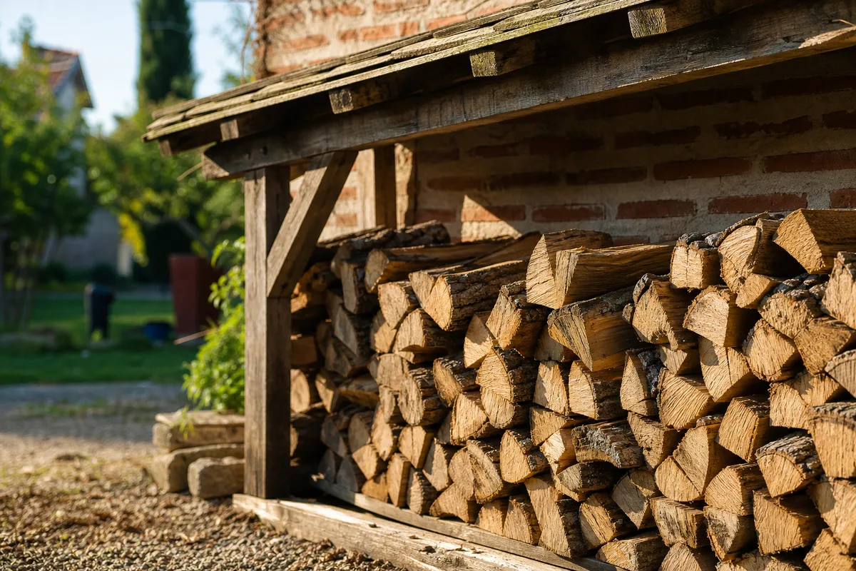 Bois de chauffage sec fendu et stocké sous abri devant une maison en brique de la région toulousaine