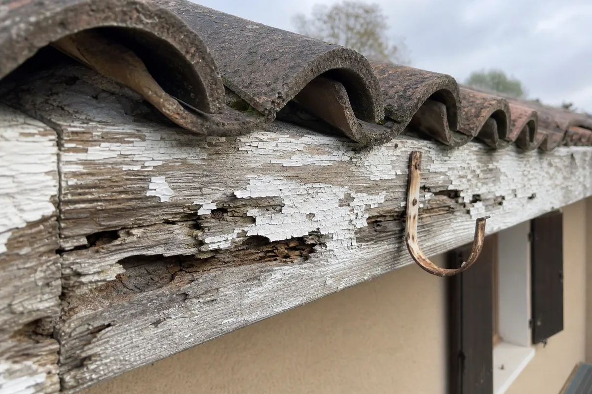 Planche de rive en bois grisé et fissuré sous un débord de toit en tuiles canal