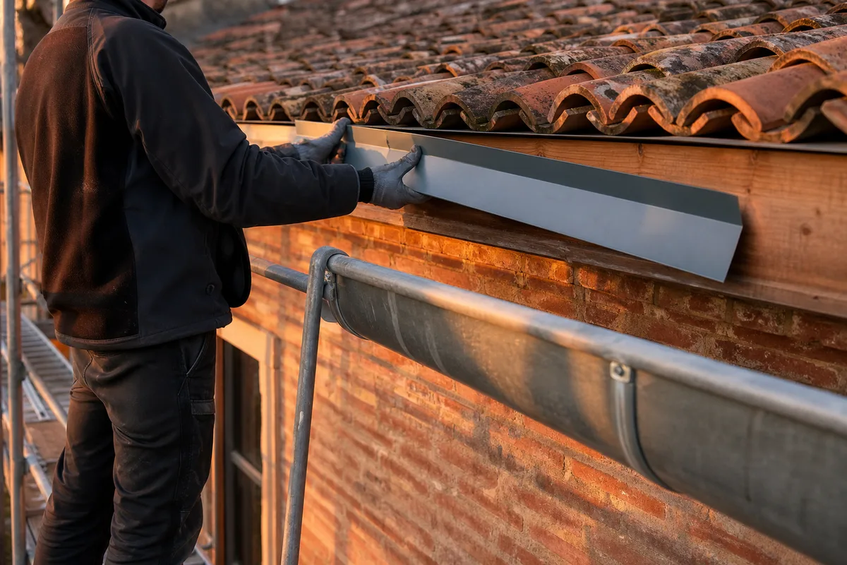 Mains d&rsquo;un zingueur ajustant un profil d&rsquo;aluminium laqué sur une planche de rive, gouttière déposée