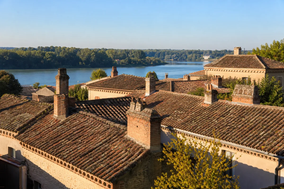 Toits de tuiles canal et souches de cheminée en brique dans un quartier ancien du nord-ouest toulousain