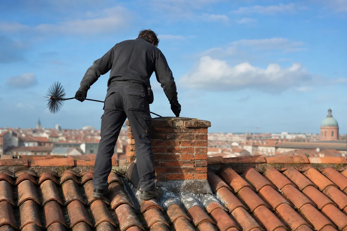 Ramoneur travaillant sur une souche de cheminée au-dessus d’un toit de tuiles canal toulousain