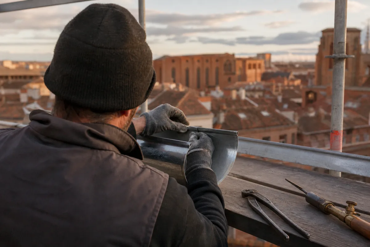 Artisan façonnant une gouttière en zinc sur un établi de chantier, toits de tuiles canal en arrière-plan